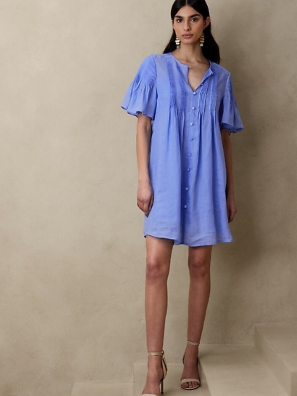 NWT Banana Republic Ramie Pintuck Dress Arctic Sky Blue XS Flounce Sleeve